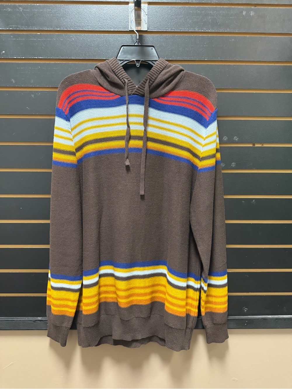 Sun + Stone Striped Hooded Sweater Size Large NWT Brown Rainbow Stripe Pullover